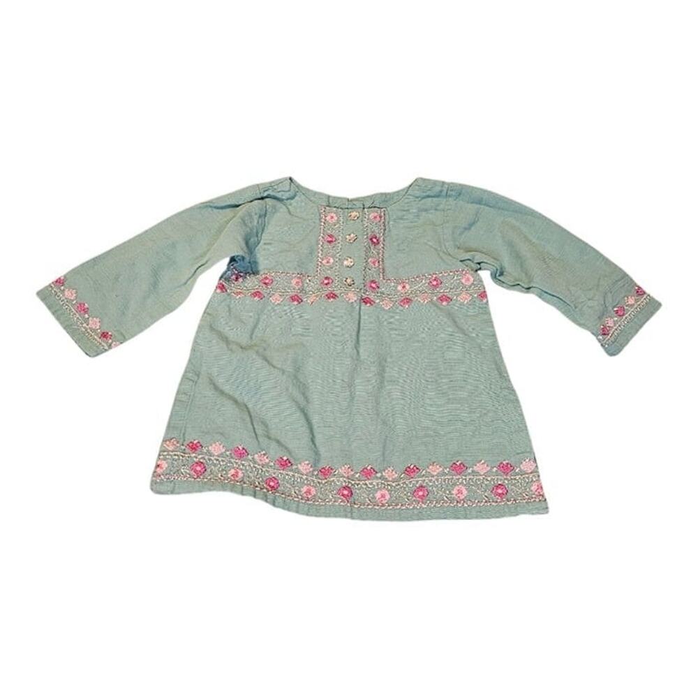 Minnie Minor Baby Tunic, Almost Mint Green with Metallic Embroidery, 6-9 Months